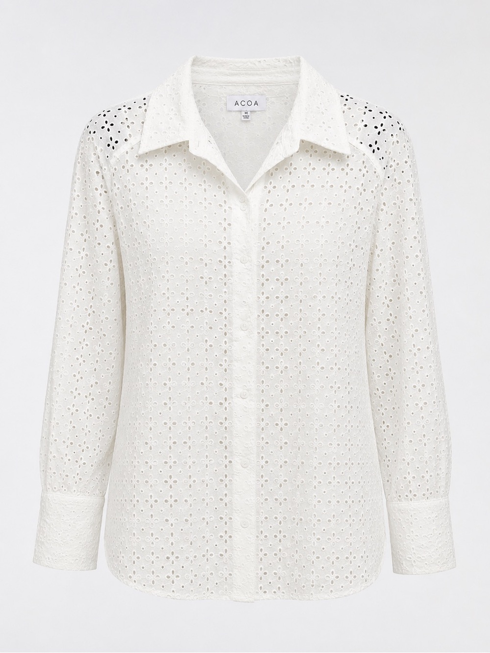 ACOA 100% Cotton White Eyelet Button Up Long Sleeve Feminine Sheer Shirt Size XL